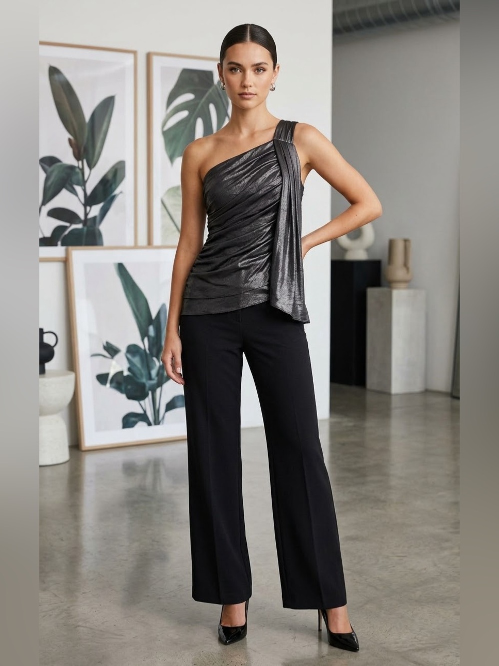 BCBGMaxAzria One-Shoulder Black Draped Cocktail Top
